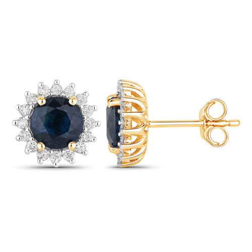 Pendientes Halo de Zafiro Azul y Diamante en Oro Amarillo de 14K