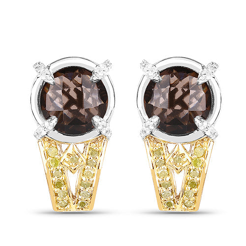 Boucles d'oreilles en argent sterling avec quartz fumé et diamants de 3,75 carats