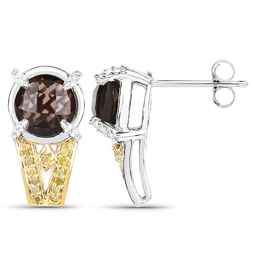 Boucles d'oreilles en argent sterling avec quartz fumé et diamants de 3,75 carats