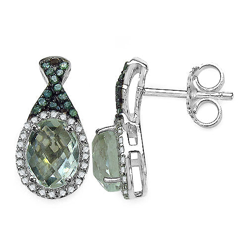 2.55 Carat Genuine Green Amethyst & Diamond Earrings in Sterling Silver