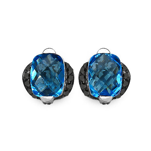 3.74 Carat Genuine Blue Topaz & Black Diamond Earrings