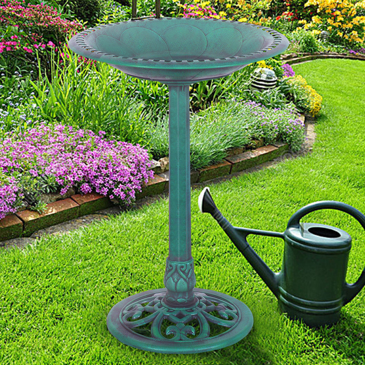 Elegant Green Pedestal Bird Bath Feeder for Gardens