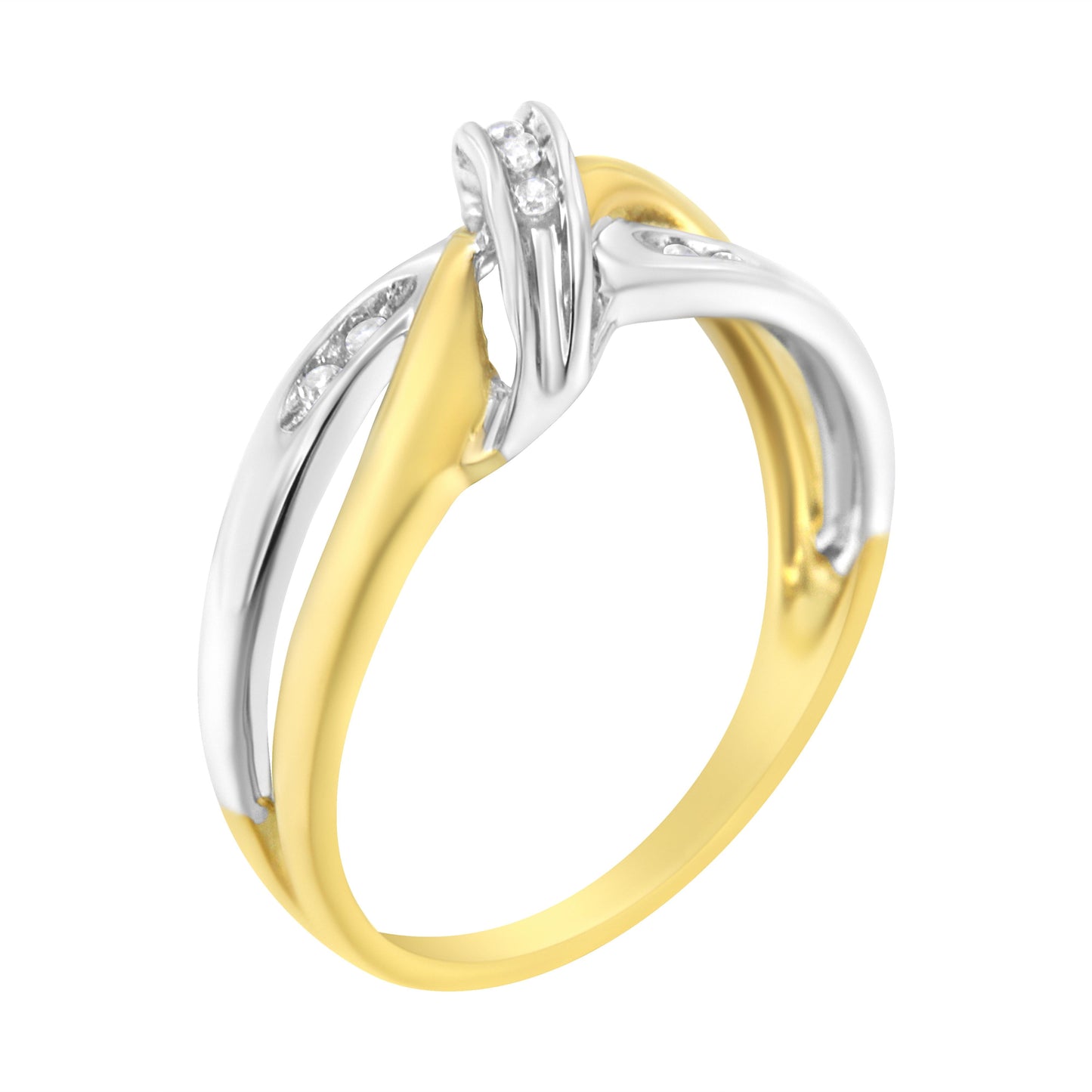 Anillo de bypass de diamantes de corte redondo en oro amarillo y blanco de 10K
