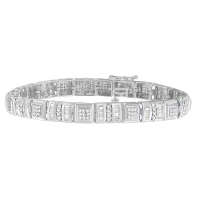 Bracelet en or blanc 10K avec diamants taille ronde et baguette