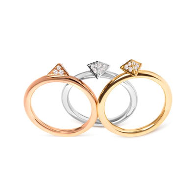 14K Tri Color Gold Diamond Pyramid Stackable Band Ring Set - Size 7