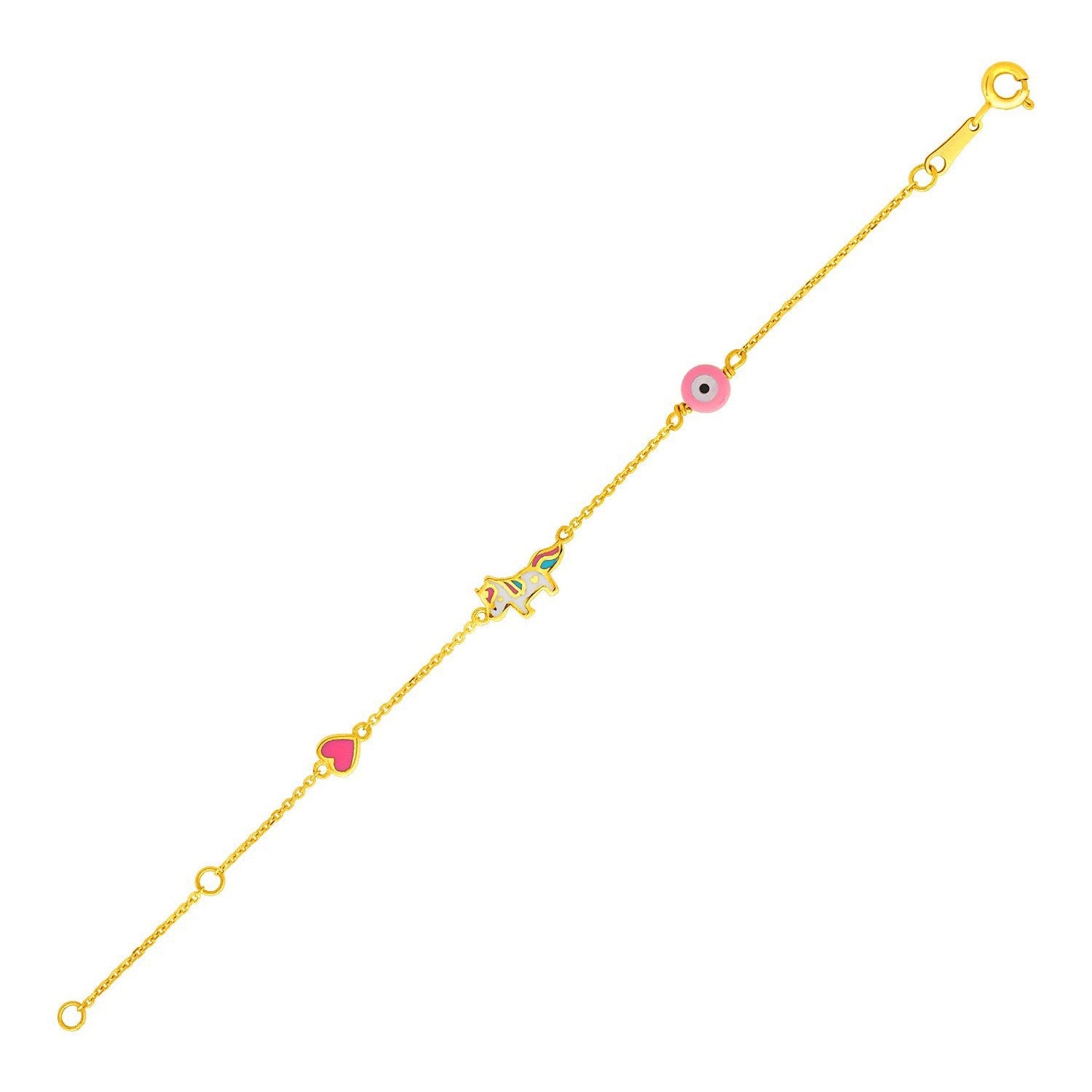Bracelet pour enfants en or jaune 14 carats avec cœur émaillé et licorne