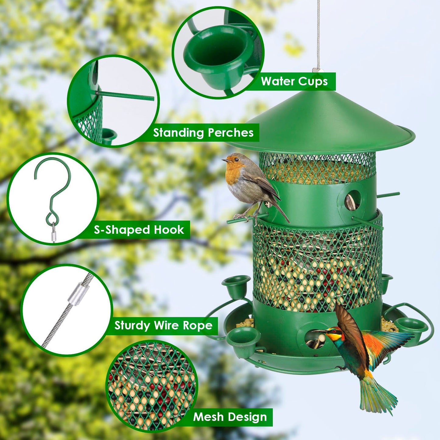 Mangeoire à oiseaux en métal anti-écureuil avec perches à 360°