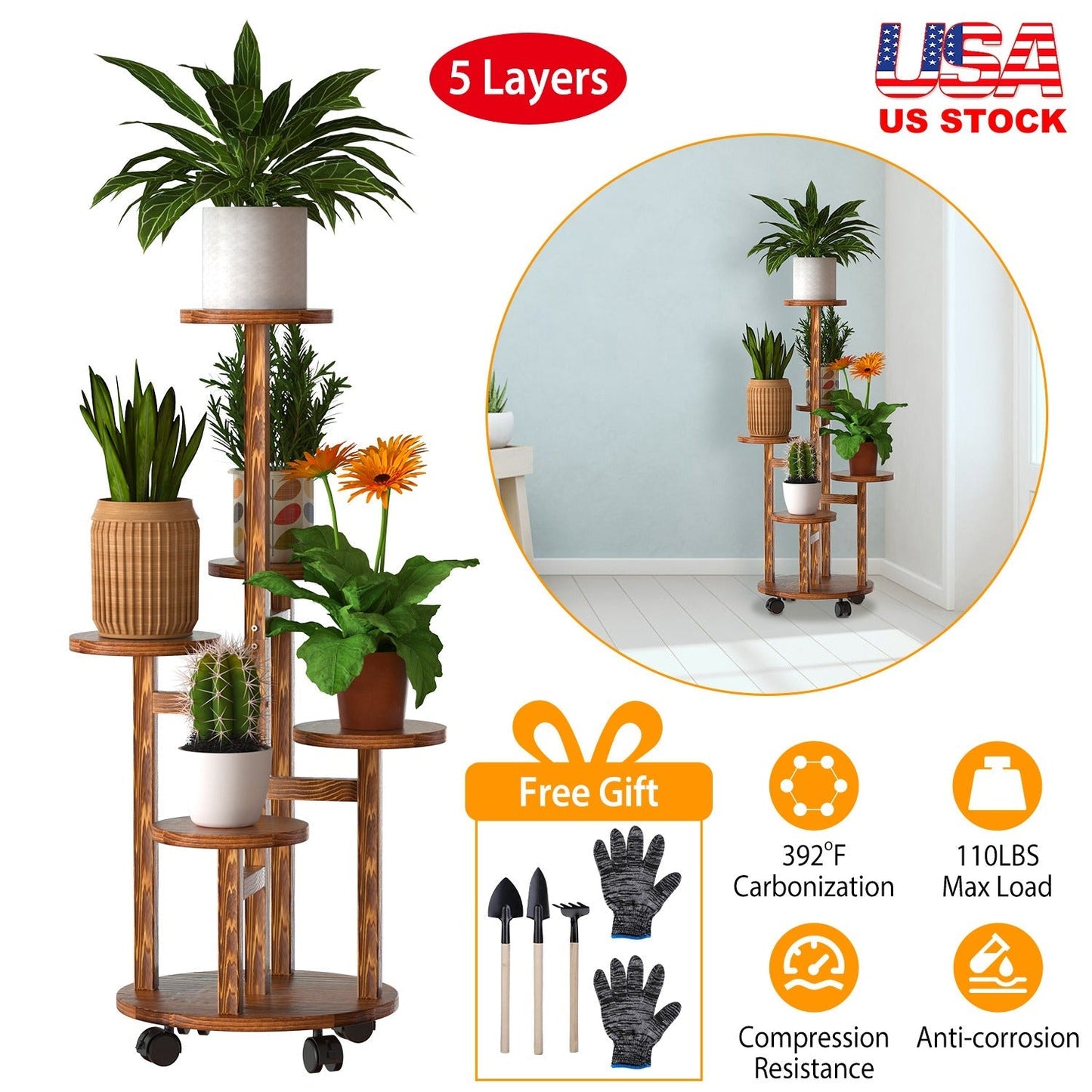 Soporte de Plantas de Madera de 5 Niveles con Ruedas Desmontables