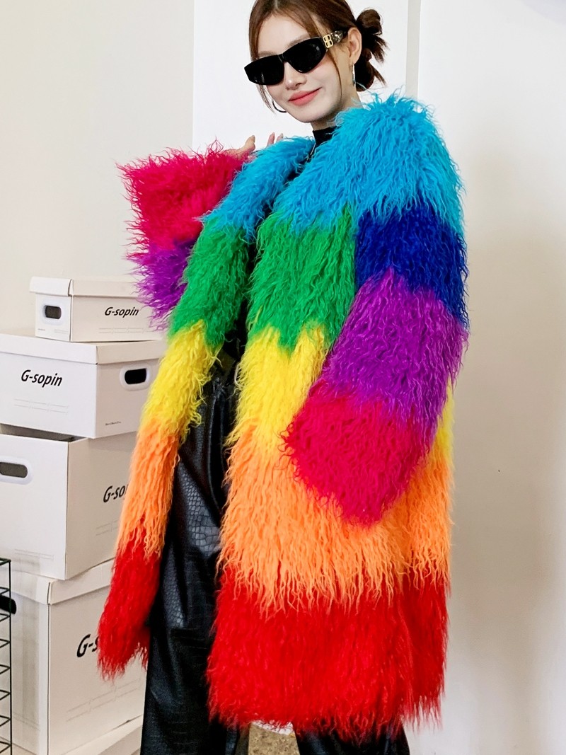 Contrast-Color Plush Patchwork Overcoat