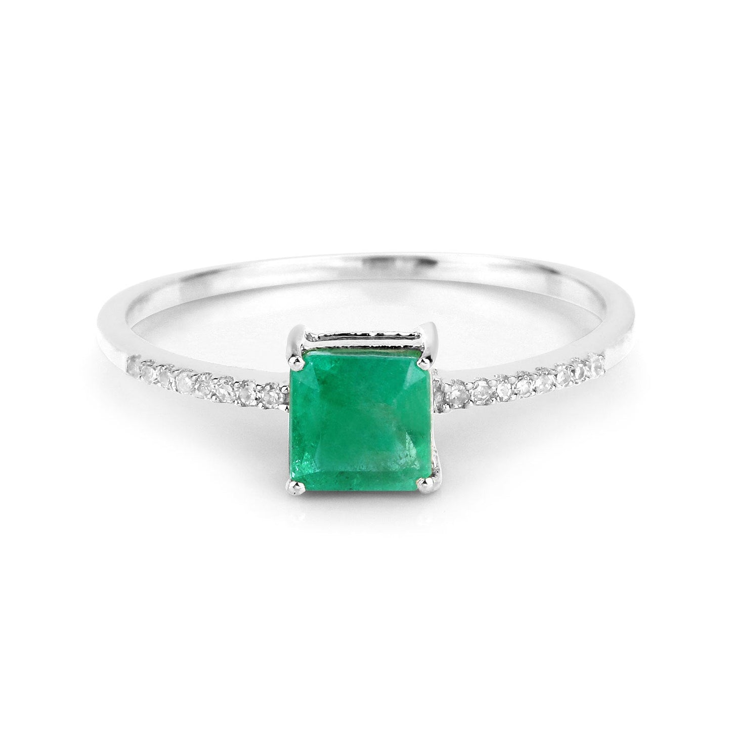 Bague de fiançailles en or blanc 14K avec émeraude zambienne de 0,64 carat et diamants