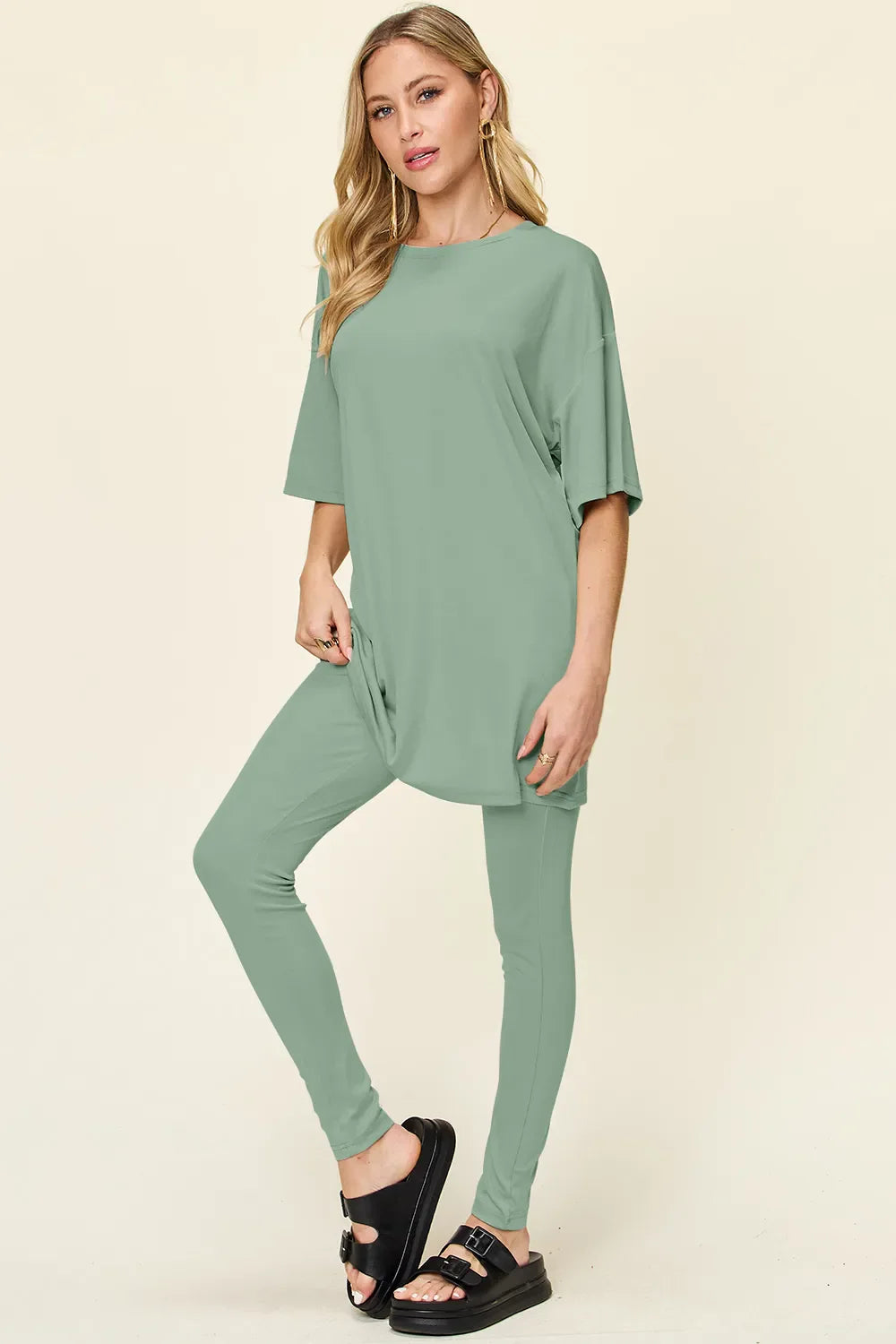 Double Take Full Size Round Neck T-Shirt and Leggings Set