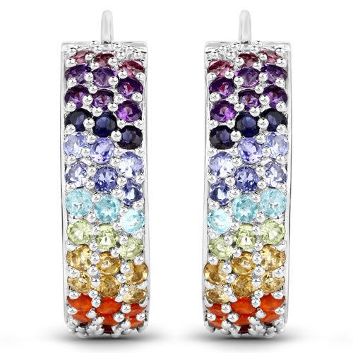 8.79 Carat Genuine Multi-Stone .925 Sterling Silver Hoop Earrings