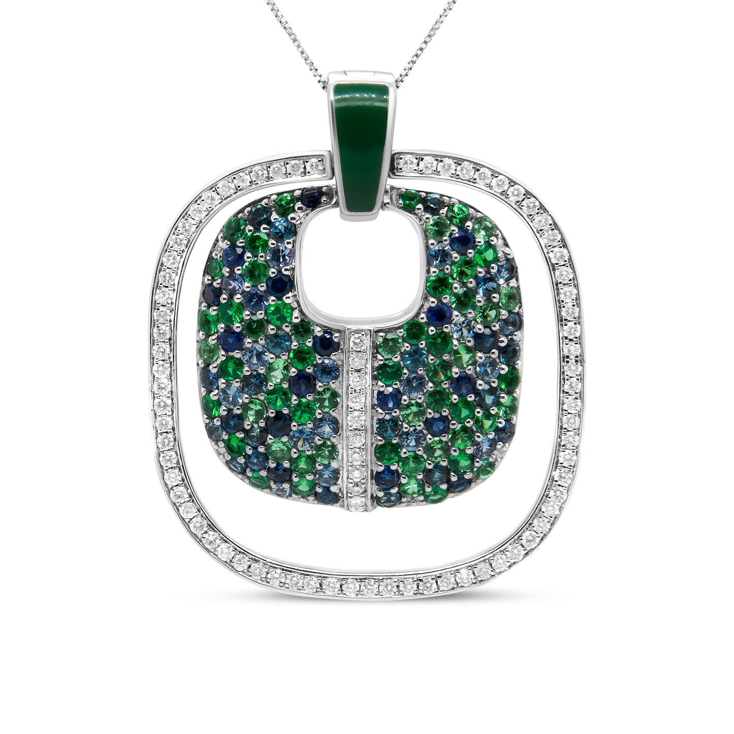 .925 Sterling Silver Green Enamel Pendant Necklace with Diamonds and Gemstones