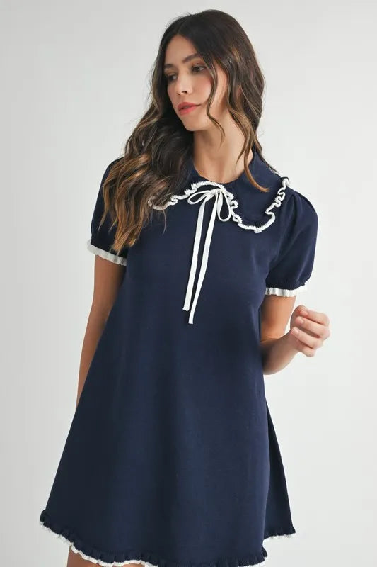 Ruffle Trimmed Collar Fine Knit Mini Dress for Women