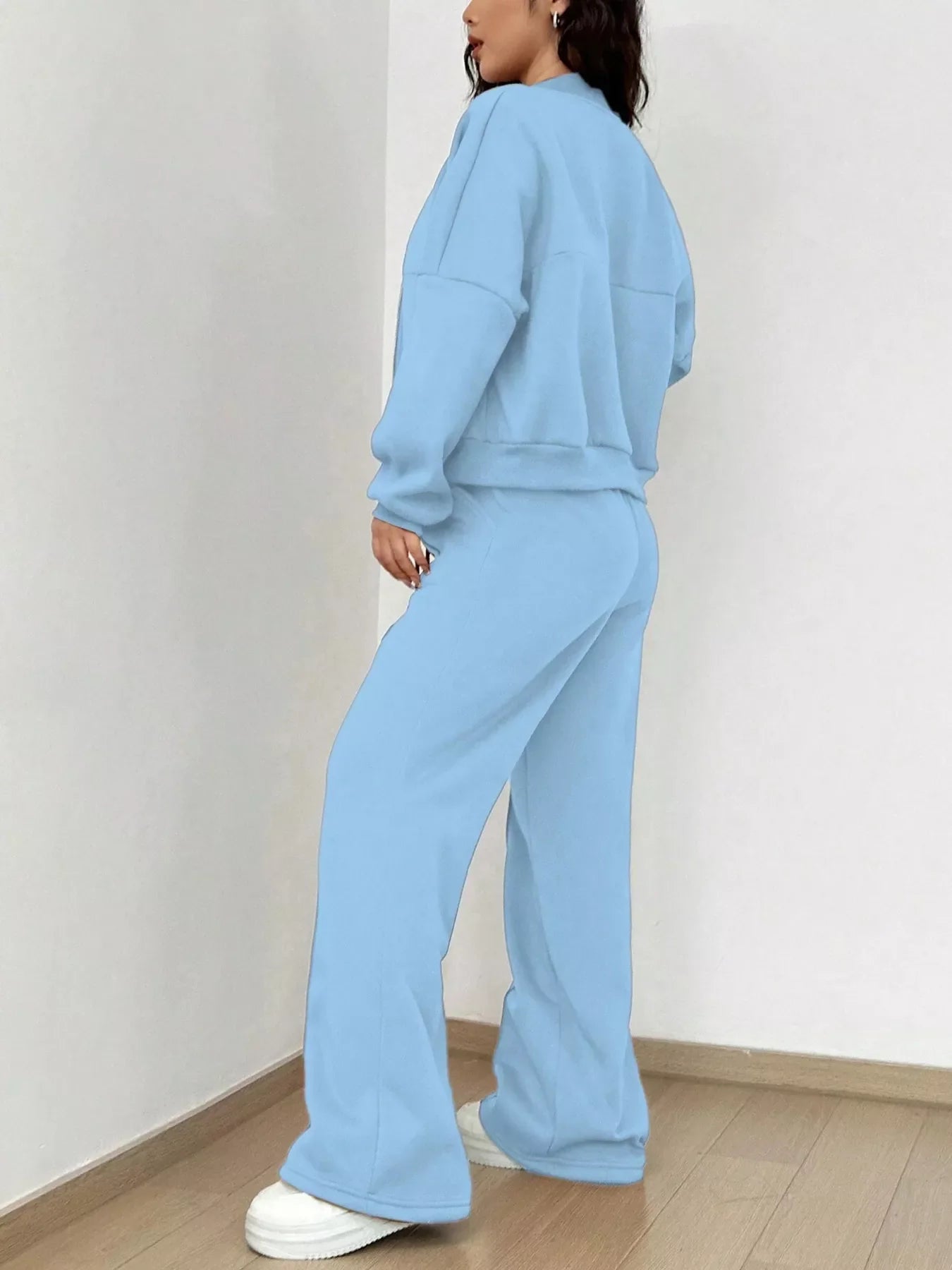 Ensemble de Veste Zippée en Couleur Unie et Pantalons à Jambes Larges