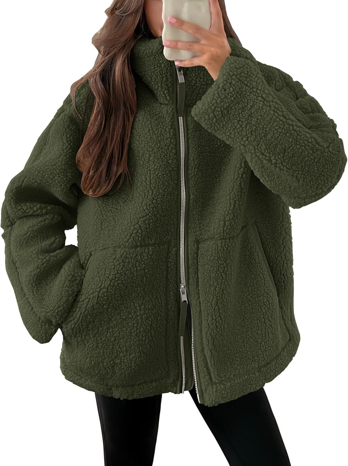 Manteau élégant d'hiver à col avec fermeture éclair et poches