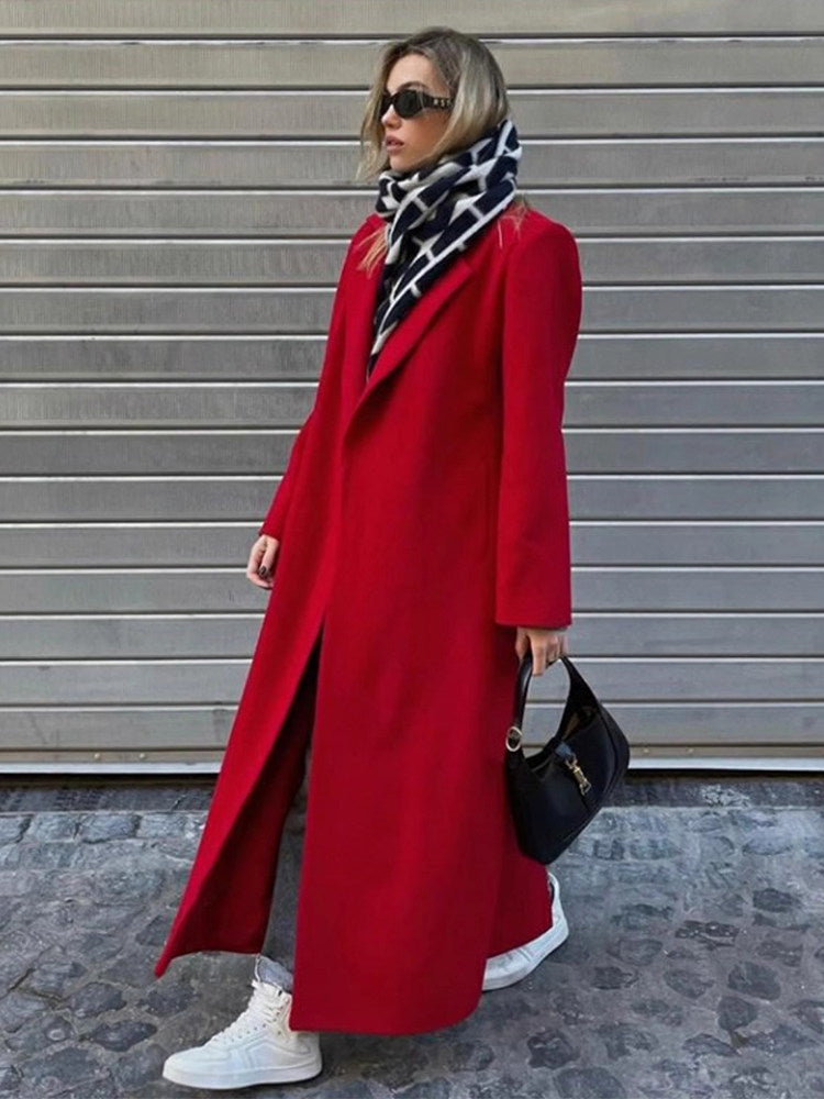 Extra-Long Dark Red Wool Coat for Women