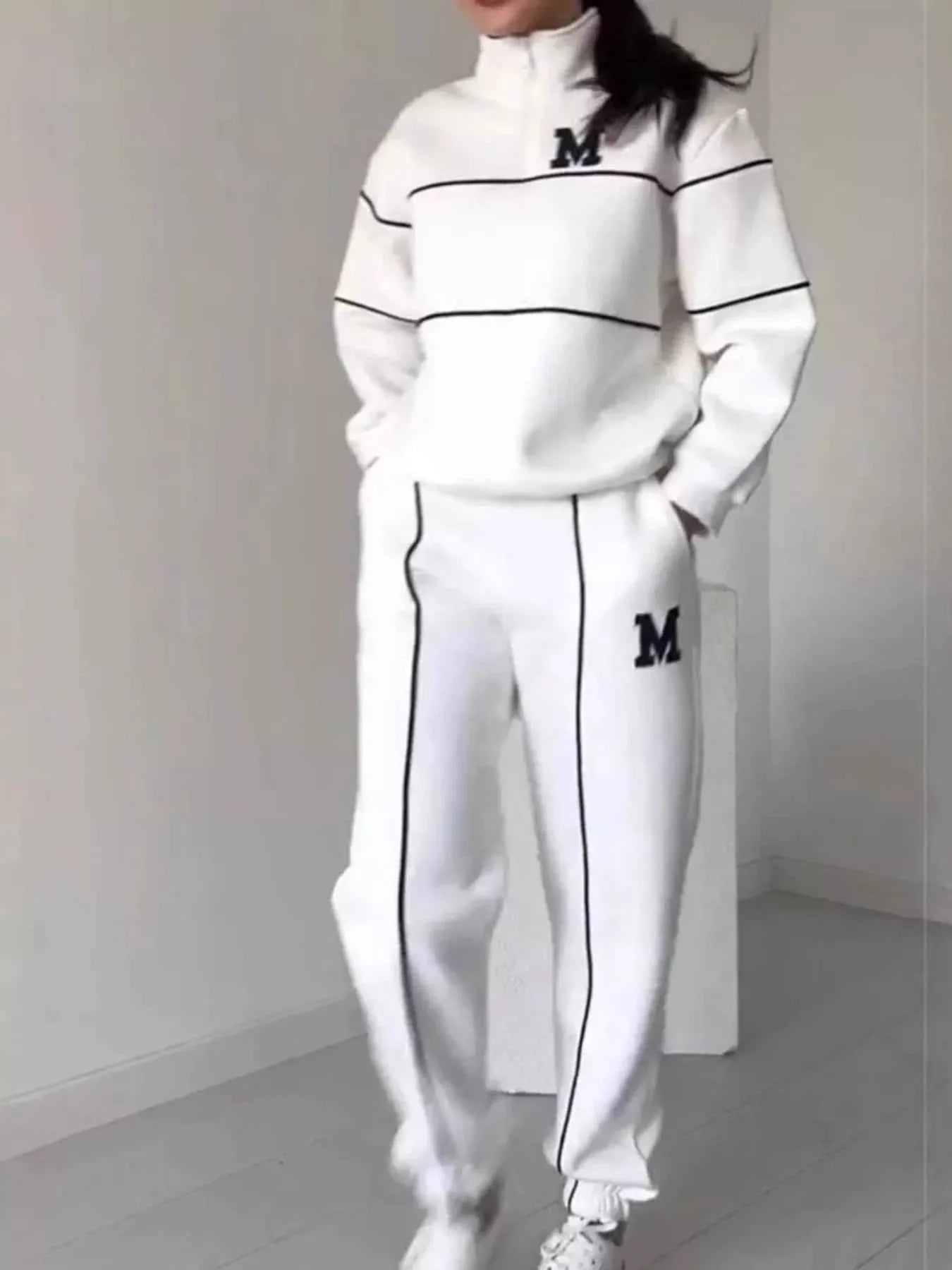 Plus Size Striped Quarter Zip Top and Pants Set