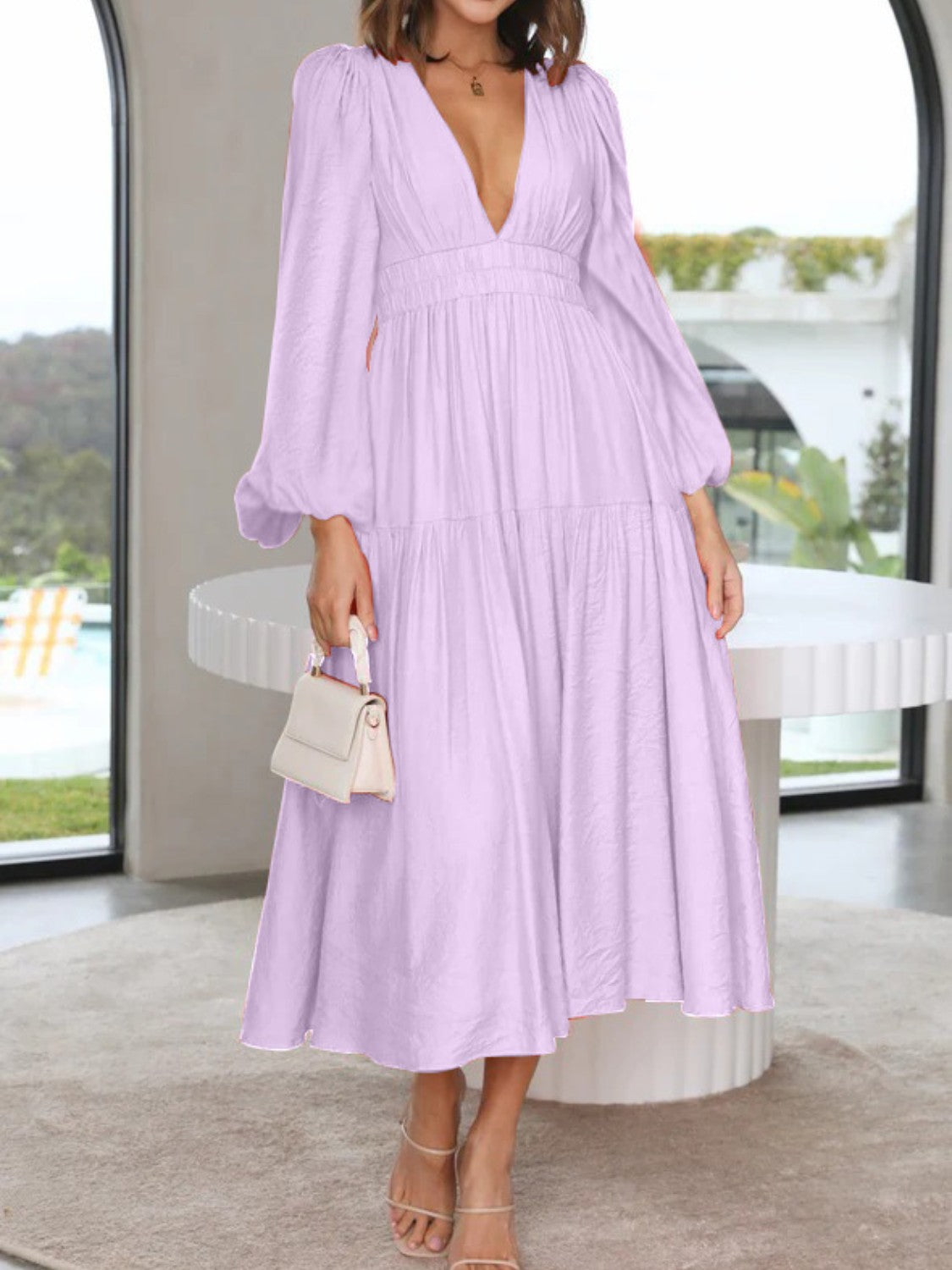 Elegant Lightweight Deep V-Neck Balloon Sleeve Maxi Dress