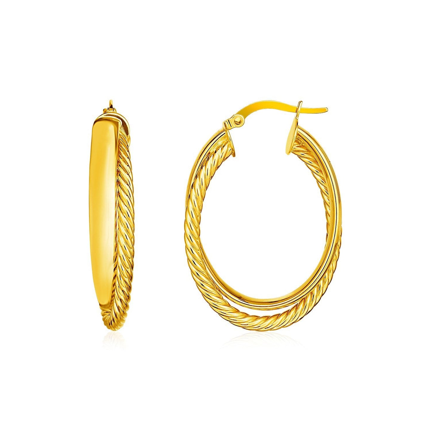 14k Yellow Gold Textured Twisted Oval Hoop Earrings
