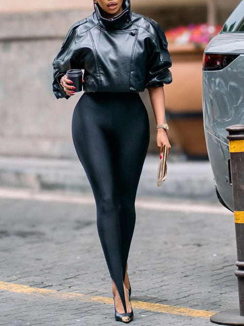 Elegant Black Lychee Grain Faux Leather Cropped Jacket