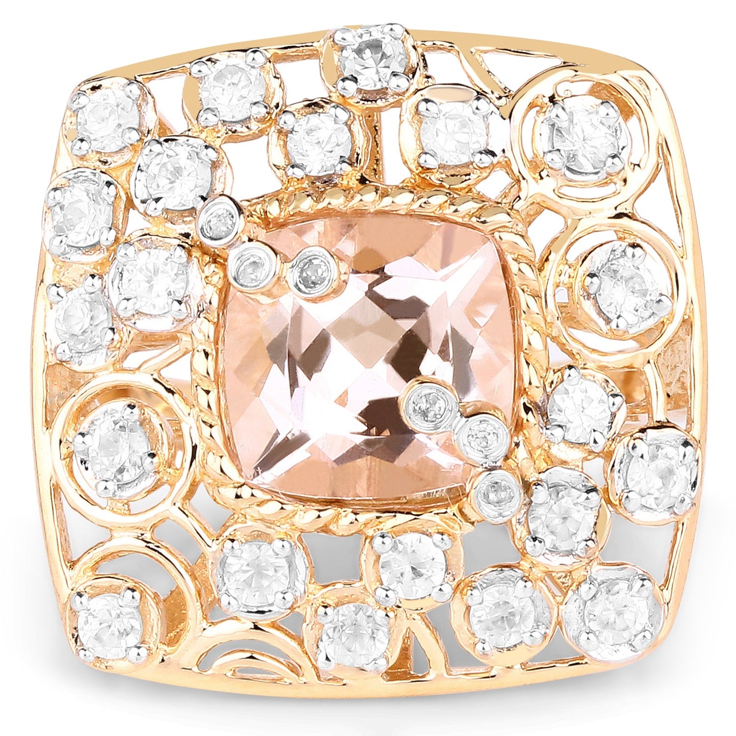 Anillo de cóctel de Morganita y Topacio Blanco Baño de Oro Amarillo de 14K