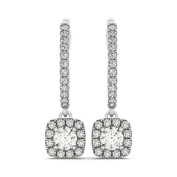 Cushion Shape Halo Style Diamond Drop Earrings in 14k White Gold