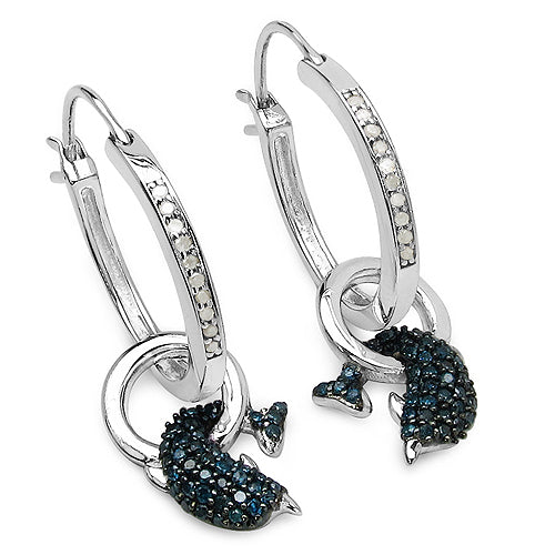 Boucles d'oreilles en argent sterling .925 avec diamants bleus et blancs élégants
