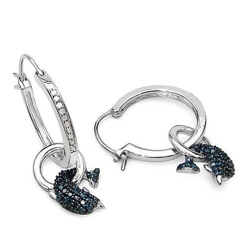 Boucles d'oreilles en argent sterling .925 avec diamants bleus et blancs élégants