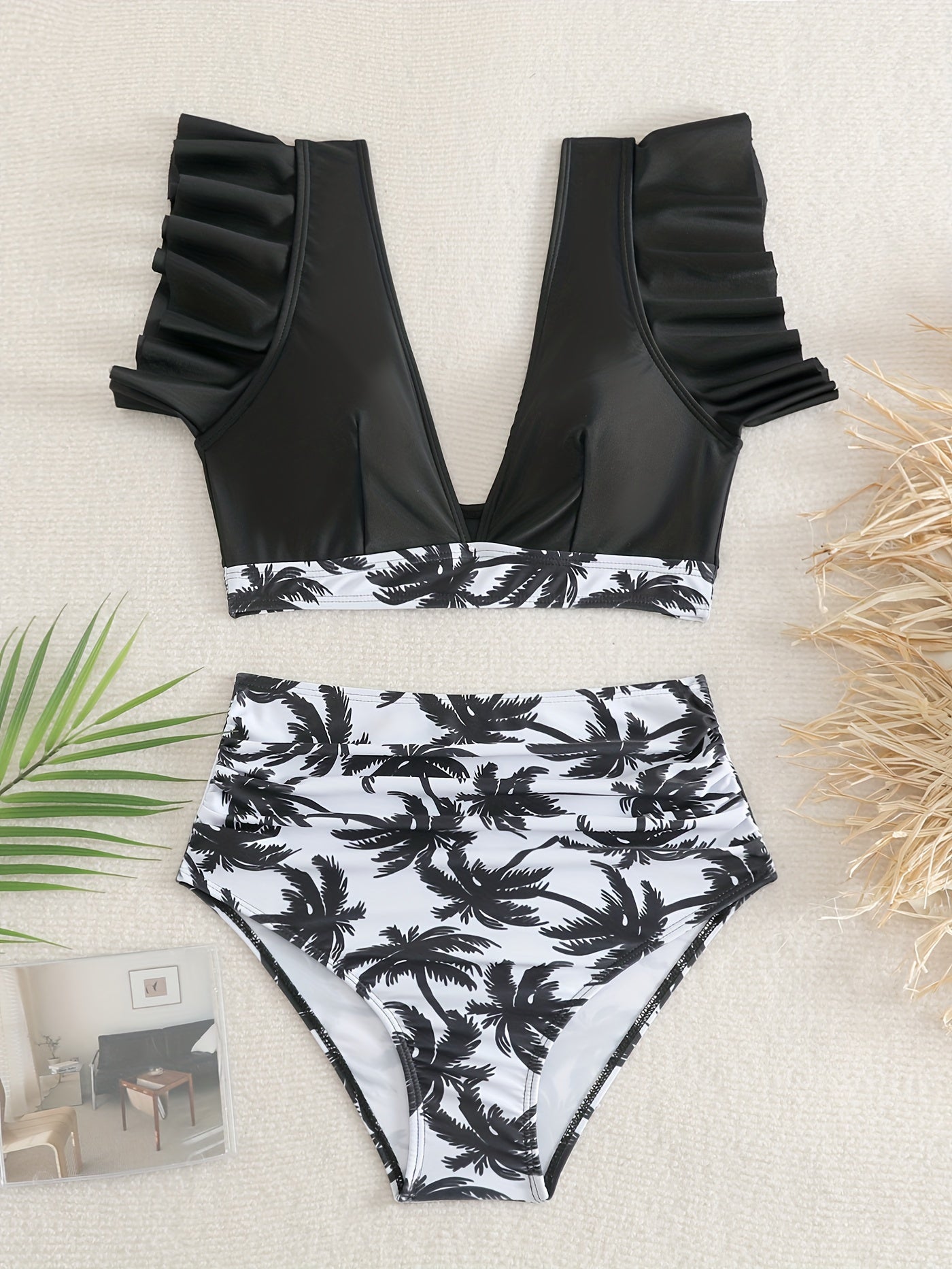 Elegant Black Ruffle V Neck High Waisted Bikini Set