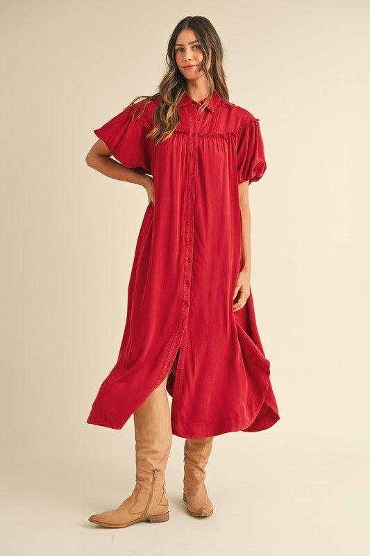 Robe chemise à manches bouffantes en lavage minéral