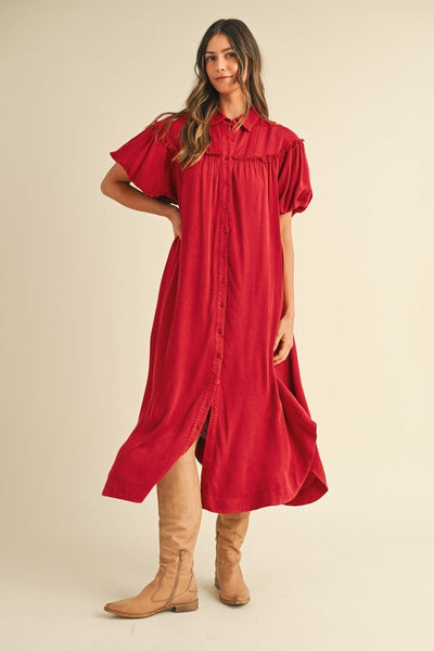 Robe chemise à manches bouffantes en lavage minéral