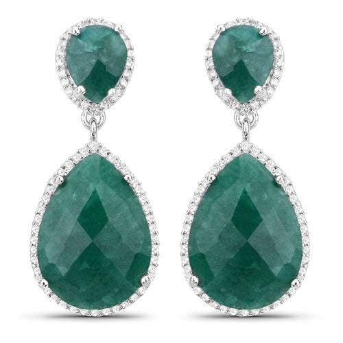19.42 Carat Dyed Emerald and White Topaz Sterling Silver Earrings
