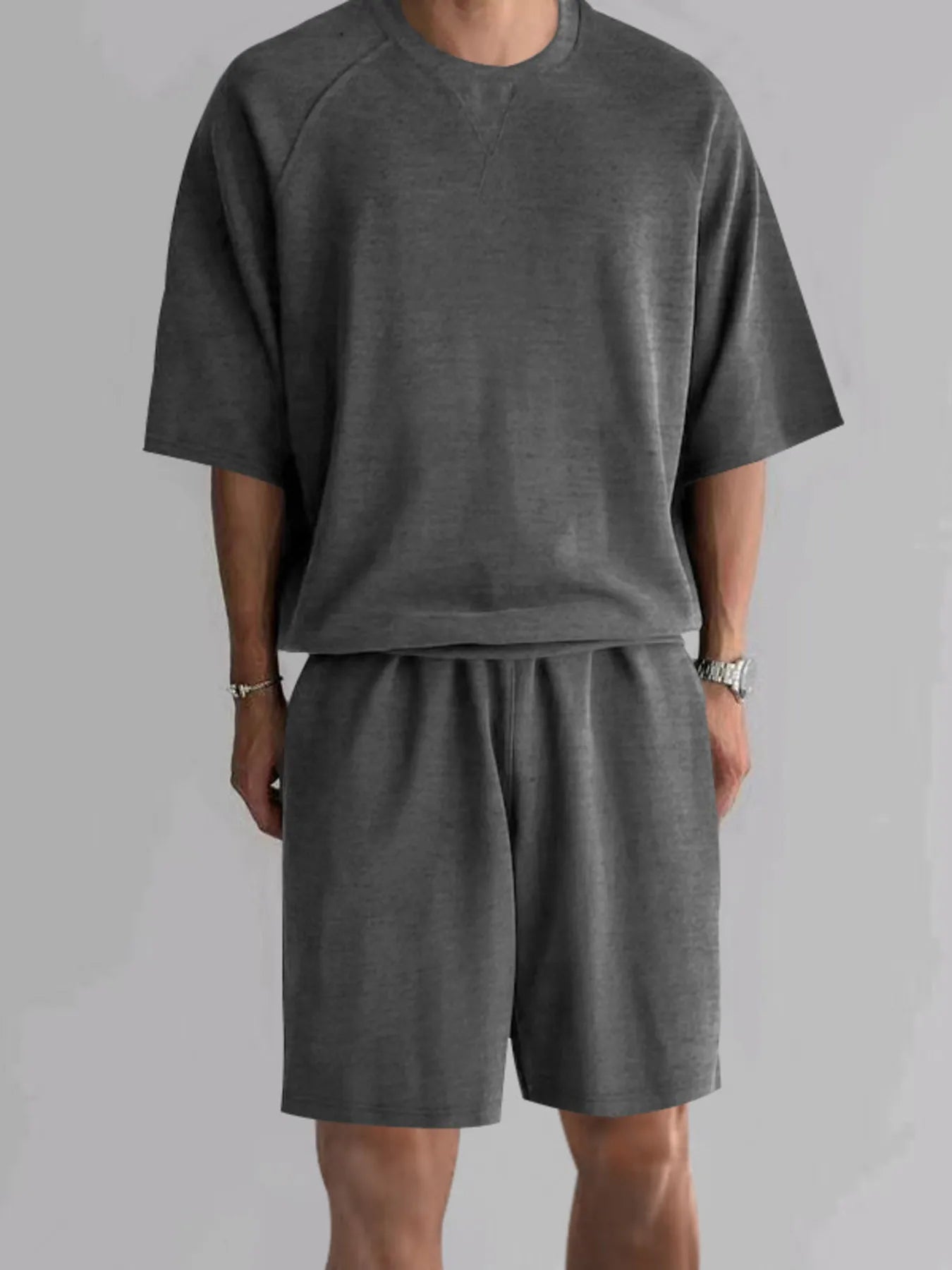 Men's Plus Size Round Neck Top and Shorts Set