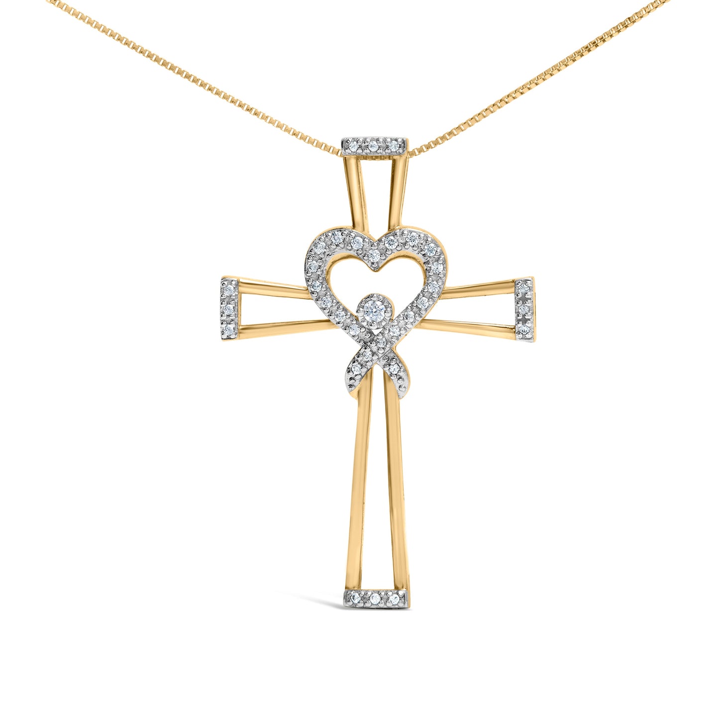 14K Gold Plated Sterling Silver Diamond Heart Cross Pendant Necklace