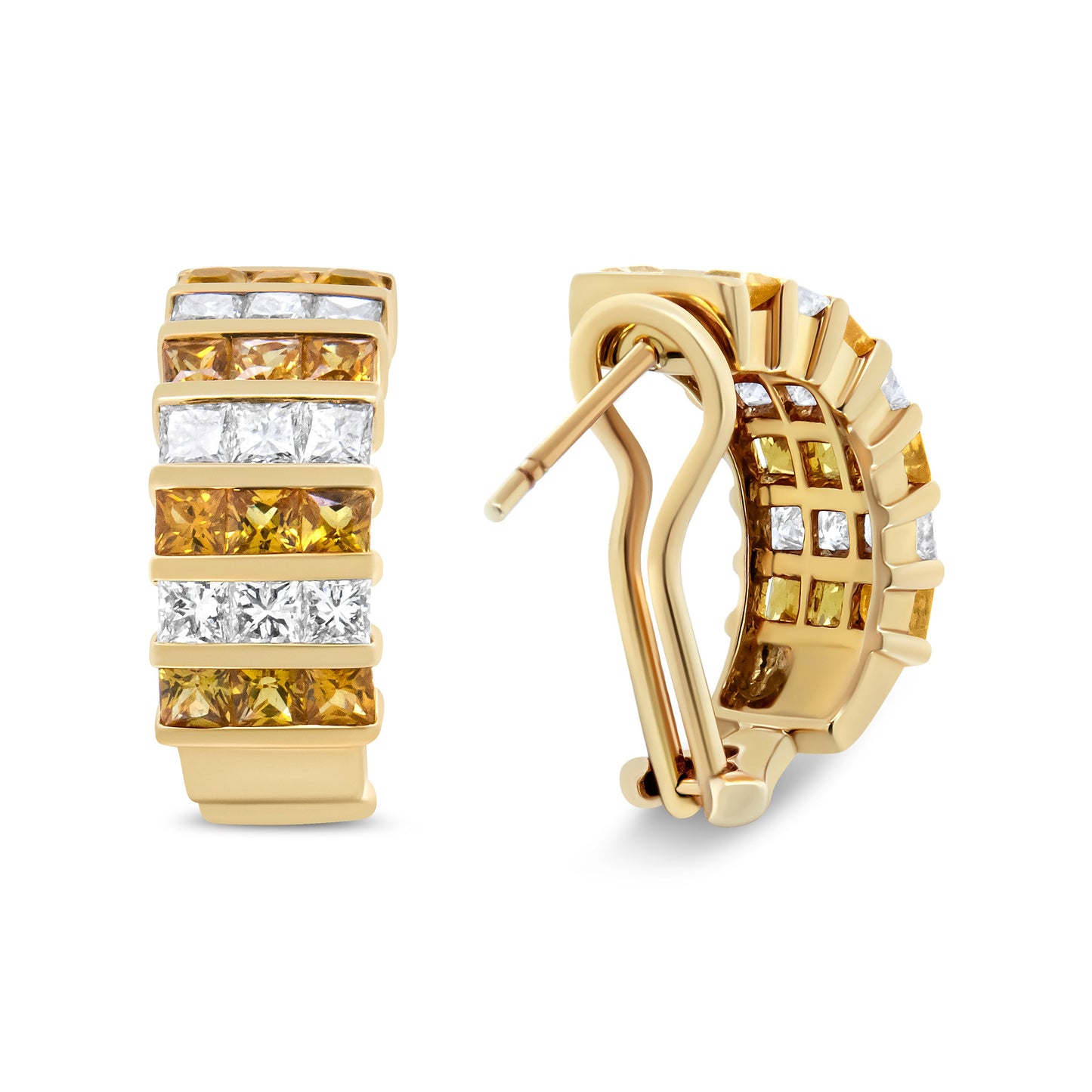 Boucles d'oreilles créoles huggie en or jaune 18K avec diamants taille princesse et saphirs jaunes