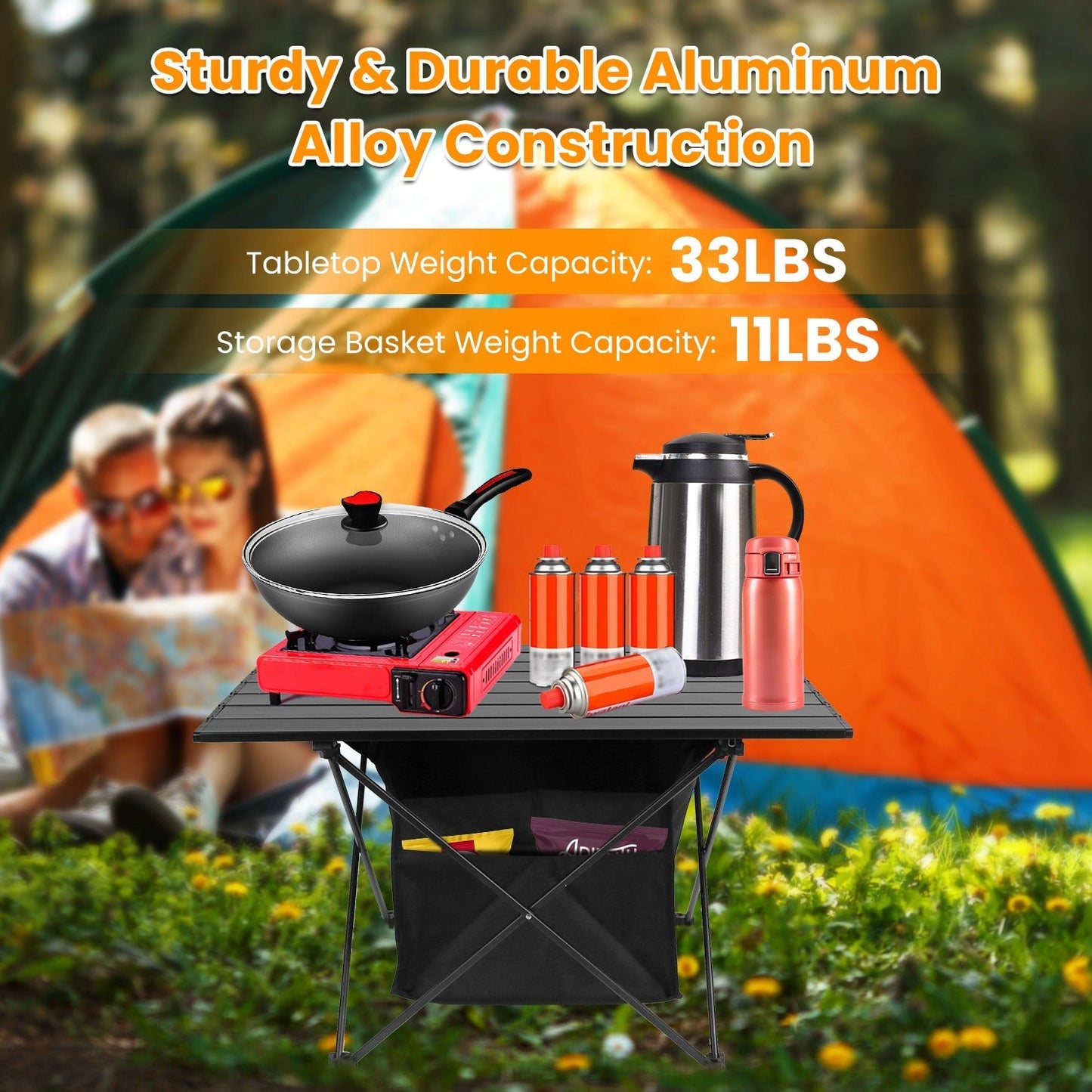 Foldable Camping Table with Storage Basket - Portable Aluminum Alloy