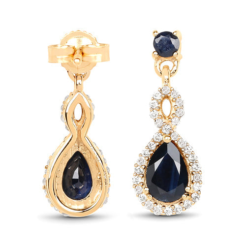 1.19 Carat Genuine Blue Sapphire and Diamond 14K Yellow Gold Earrings