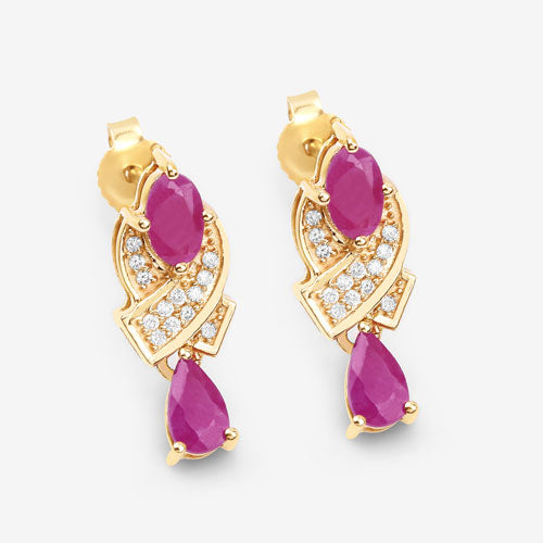 Pendientes de Rubí y Diamante Blanco de 1.12 Quilates en Oro Amarillo de 14K