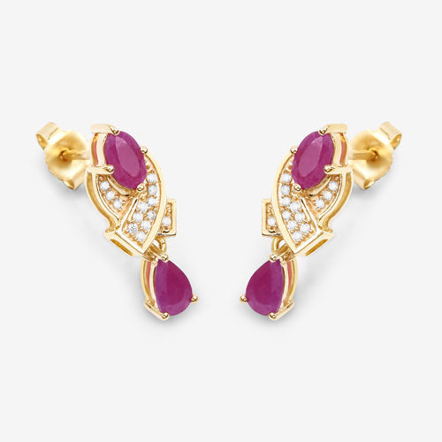 Pendientes de Rubí y Diamante Blanco de 1.12 Quilates en Oro Amarillo de 14K
