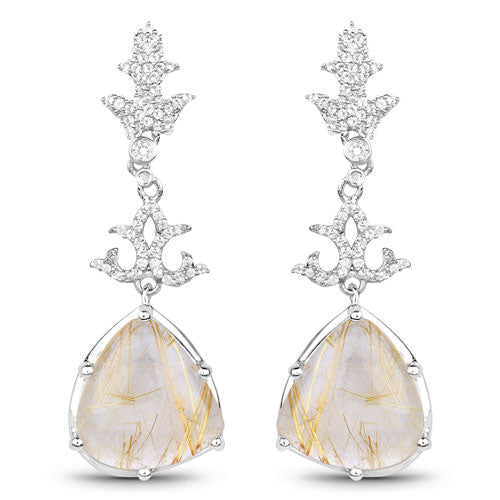 Boucles d'oreilles en argent sterling avec rutile doré de 15,97 carats et topaze blanche