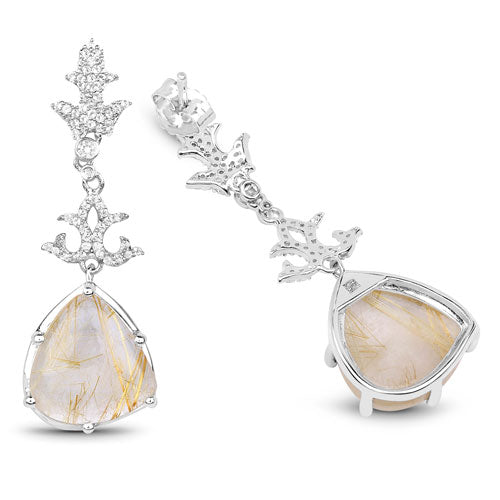 Boucles d'oreilles en argent sterling avec rutile doré de 15,97 carats et topaze blanche