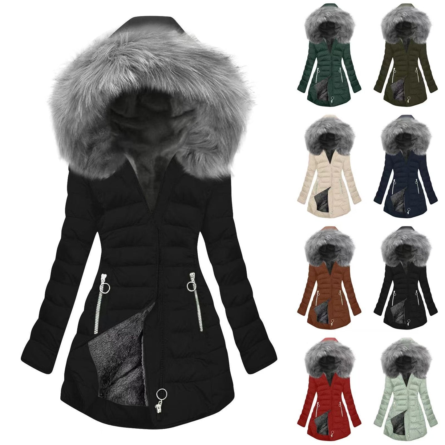 Abrigo acolchado de algodón grueso para mujer elegante con cuello de piel