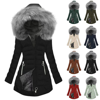 Elegant Women's Thick Cotton Puffer Coat with Fur Collar