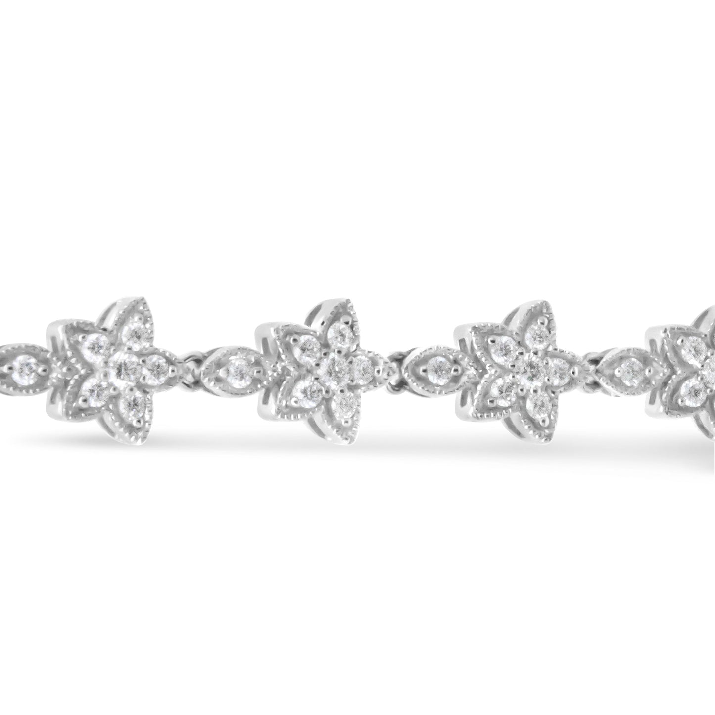 14K White Gold Diamond Flower Blossom Link Bracelet - Size 7"