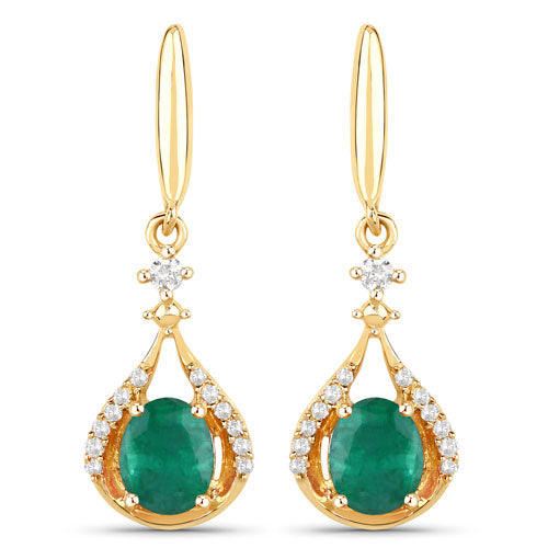 Pendientes de Esmeralda Zambiana y Diamante de 0.70 Quilates en Oro Amarillo de 14K