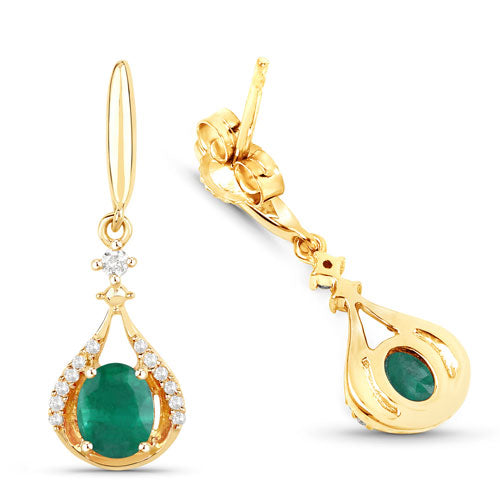 Pendientes de Esmeralda Zambiana y Diamante de 0.70 Quilates en Oro Amarillo de 14K