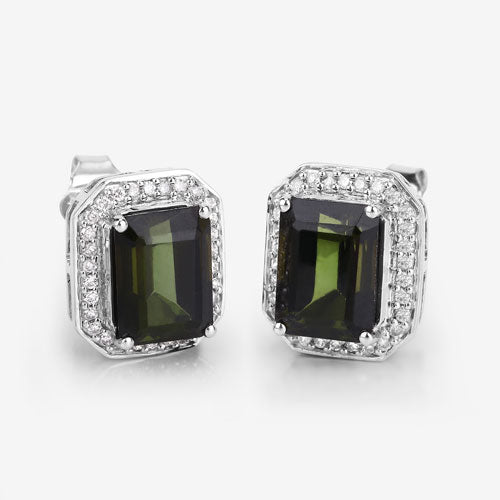 3.57 Carat Green Tourmaline & Diamond 14K White Gold Earrings
