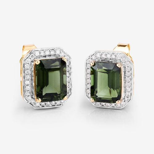 3.57 Carat Green Tourmaline & Diamond 14K Yellow Gold Earrings