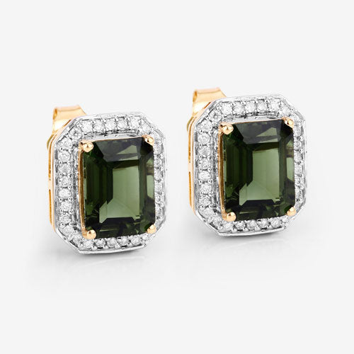 3.57 Carat Green Tourmaline & Diamond 14K Yellow Gold Earrings